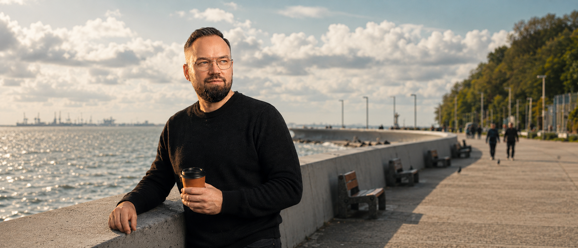 Kamil Wojciechowski na Bulwarze Nadmorskim w Gdyni, kawa w ręce, golden hour