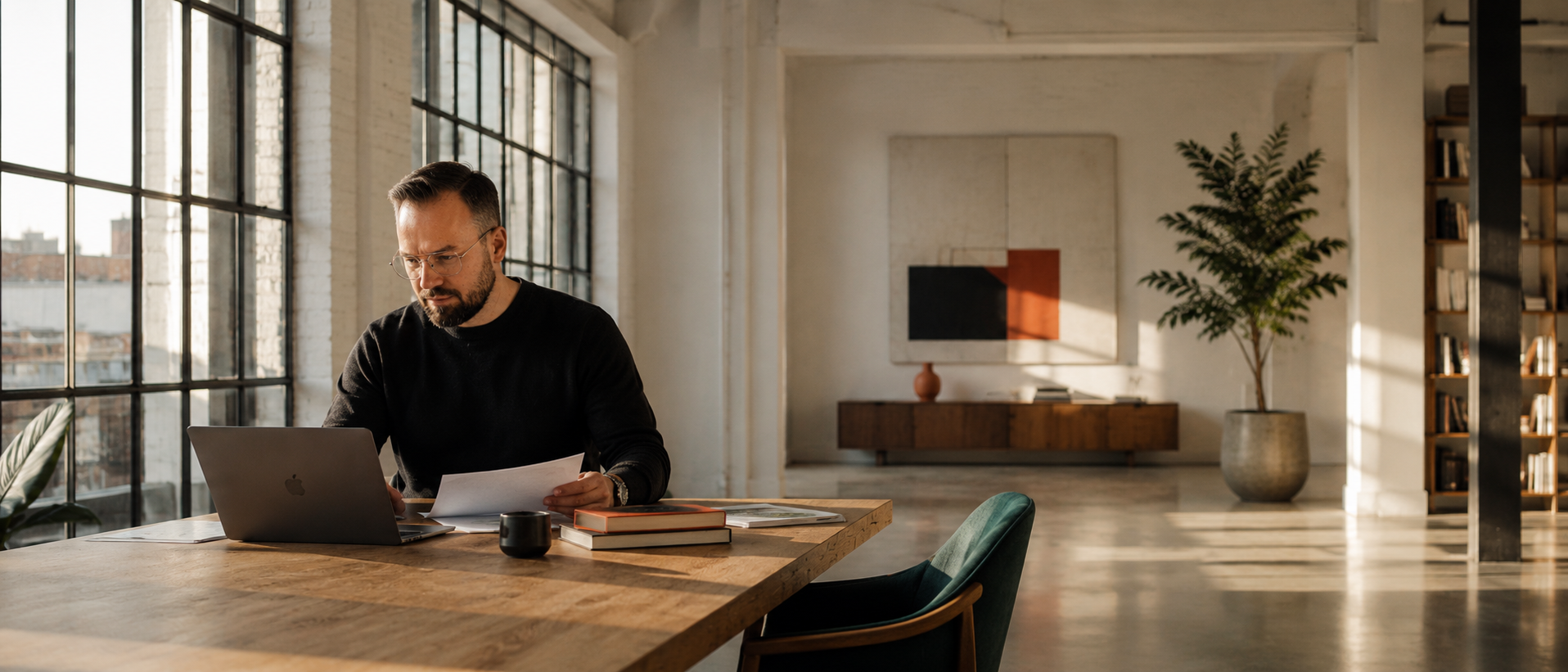 Kamil Wojciechowski przy stole, czyta dokument w studio premium