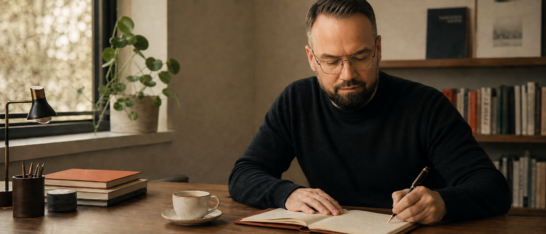 Kamil Wojciechowski piszący w notatniku w domowej bibliotece