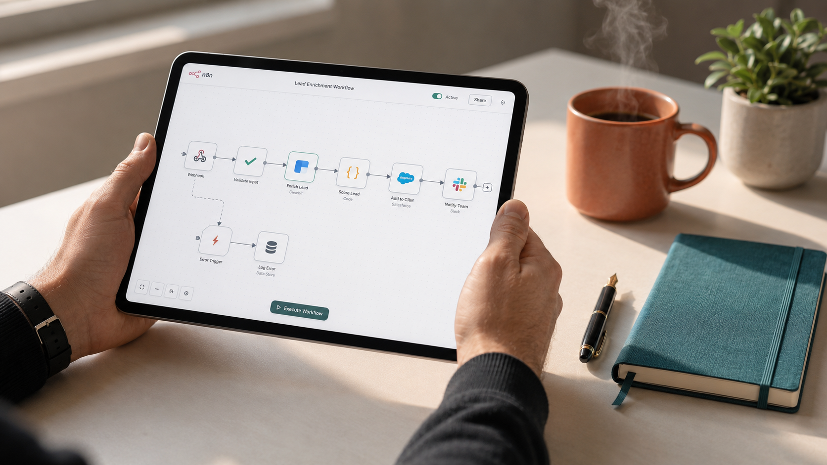 Workflow operacyjny lidera - tablet z mapą procesu na biurku