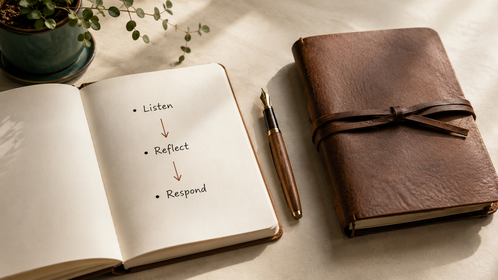 Otwarty notes z bullet pointami Listen Reflect Respond
